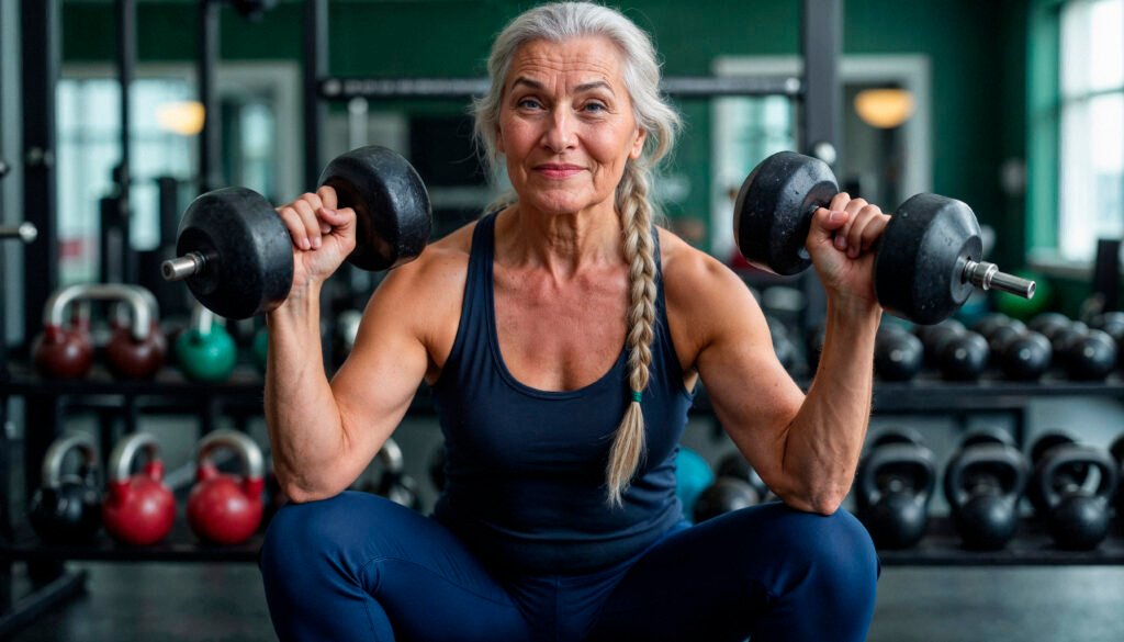 Mujer senior sosteniendo pesas