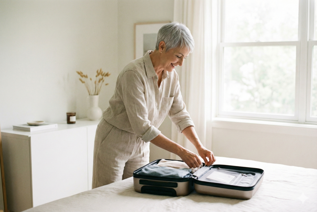 Mujer con maleta minimalista